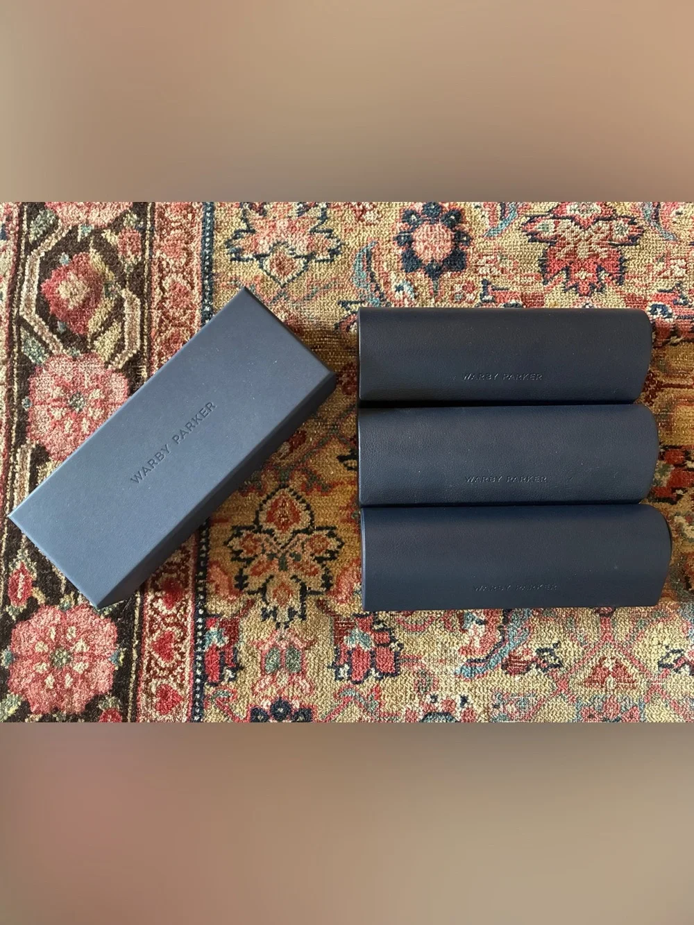 Set of 3 Warby Parker Navy Leather Eyewear Cases with one Box